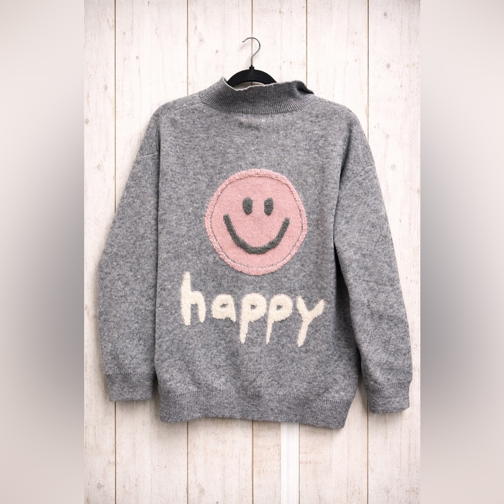 Vintage Havana Gray Sweater with Pink Smiley Face